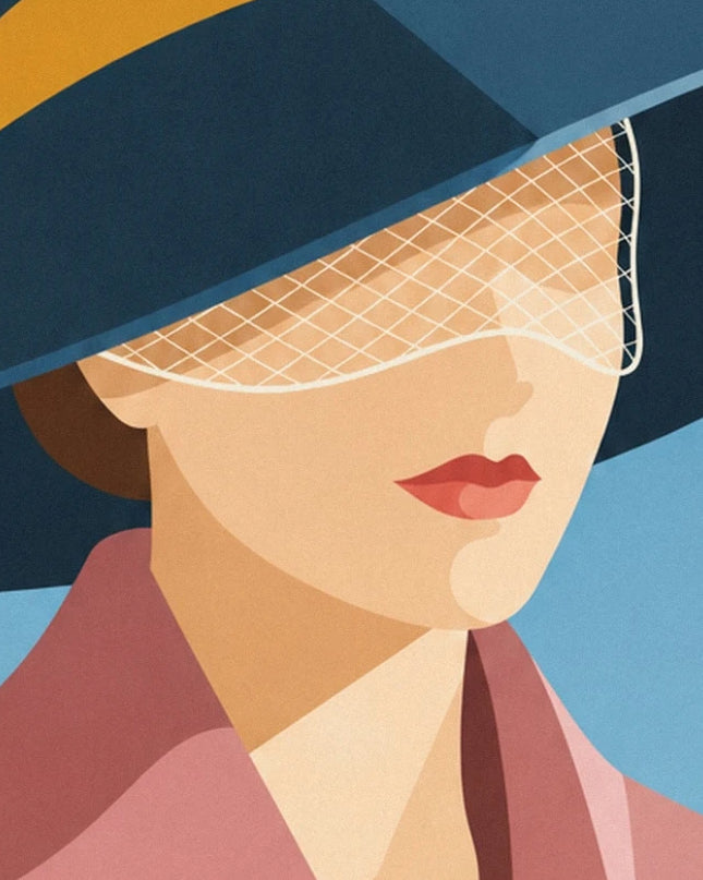 A woman with red lips beneath a blue hat with a white veil