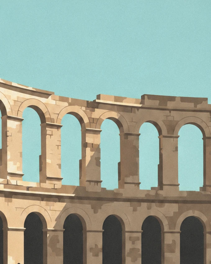 Les 5 arcades de pierre des arènes romaines, face au ciel turquoise