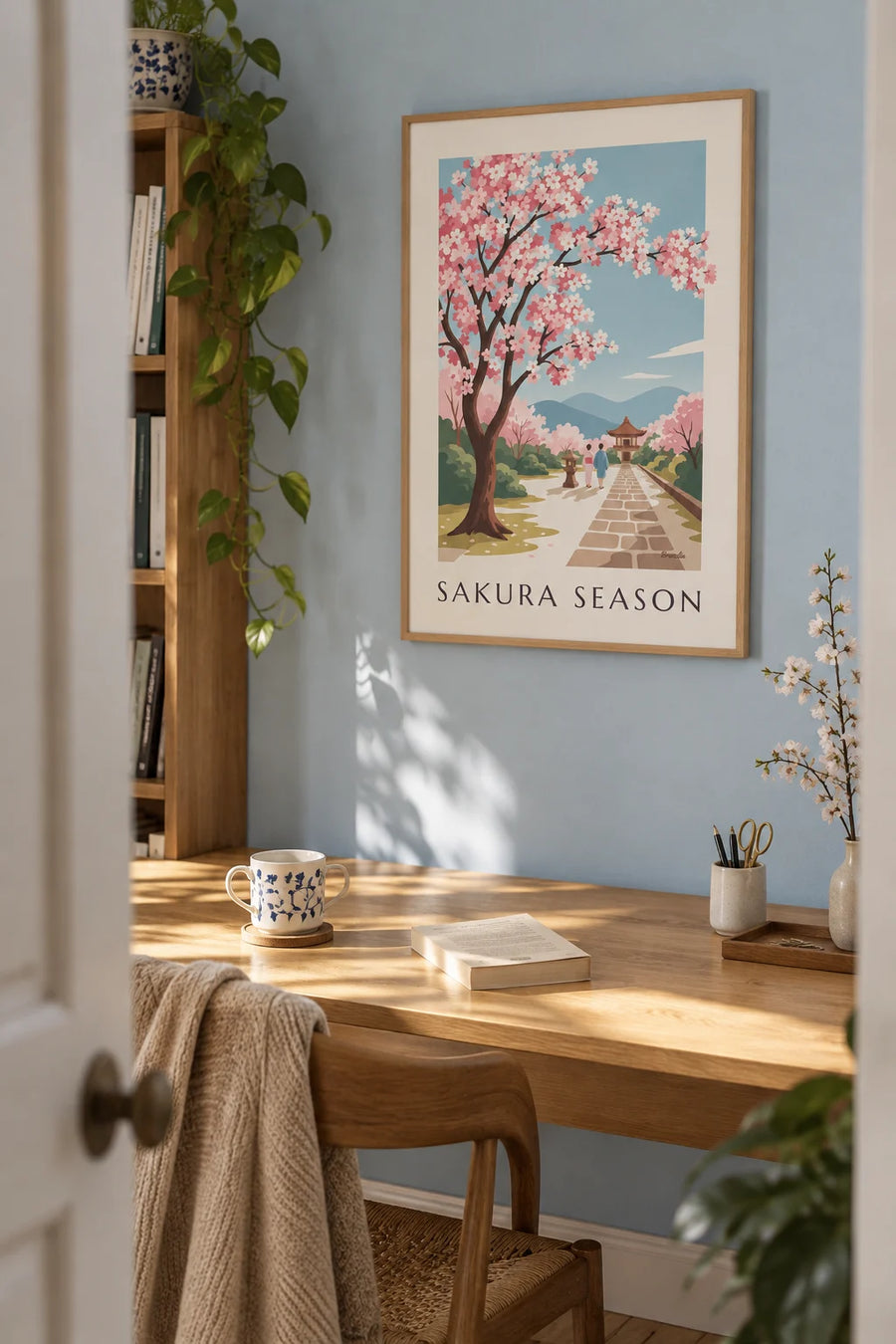 Affiche branche de cerisier du Japon en fleurs : encadrée au mur