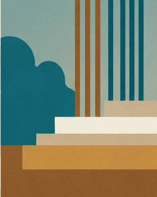 The beige and ochre steps, a teal flower bed and slender striped columns behind