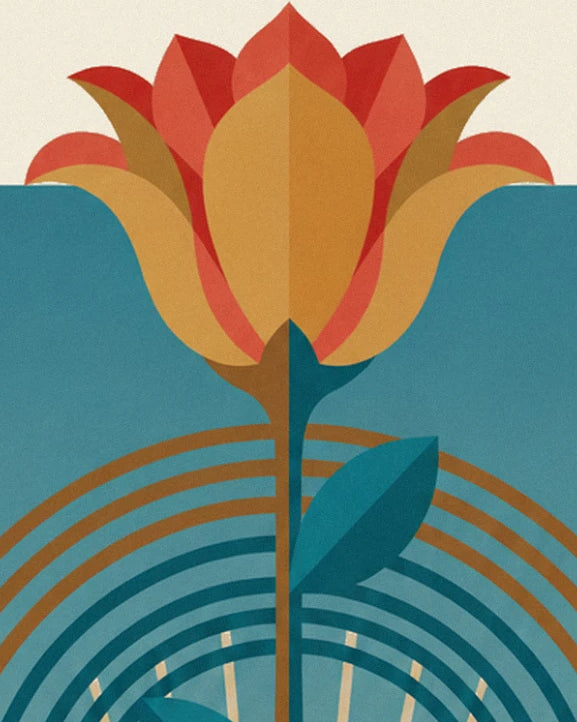 The flower with red and golden petals, resting on copper-coloured arches against a teal background