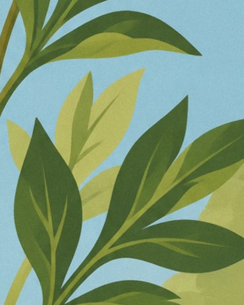 Intertwining stems and leaves in dark and light green against a blue background