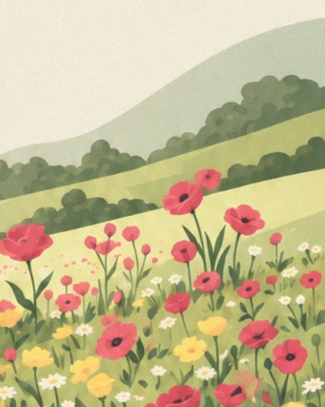 Une prairie fleurie de coquelicots rouges devant des collines et des haies vertes