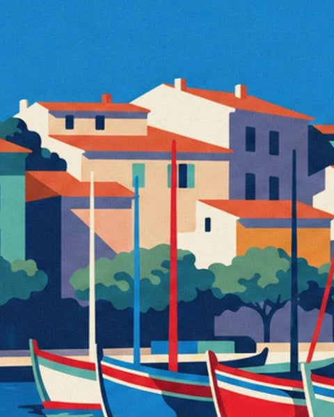 Les façades aux volets turquoise derrière les arbres et les barques multicolores
