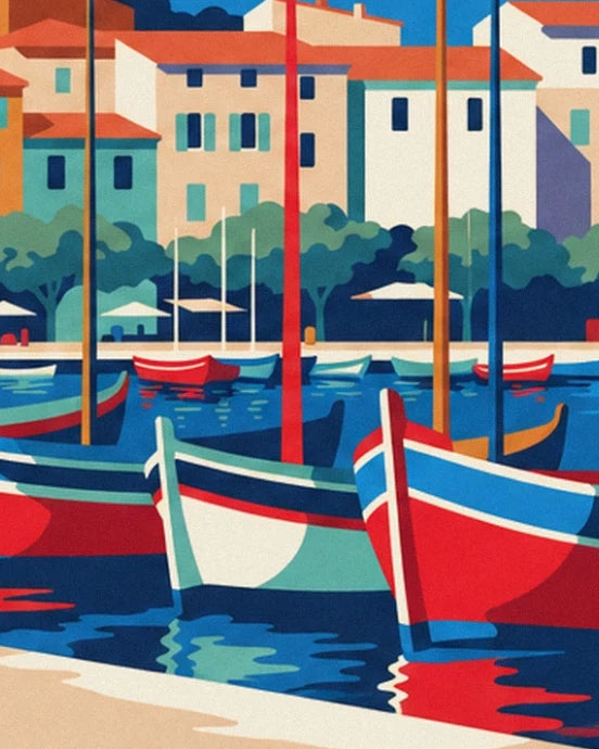 Les pointus rouges, bleus et vert d’eau devant les façades claires du port de Sanary