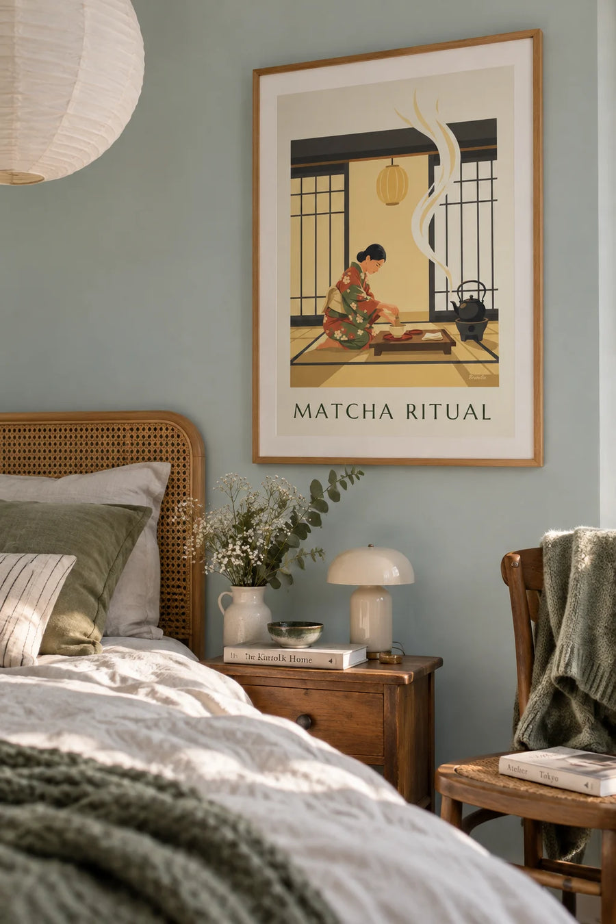 Poster of a tea ceremony and matcha bowl in Japan: framed on the wall