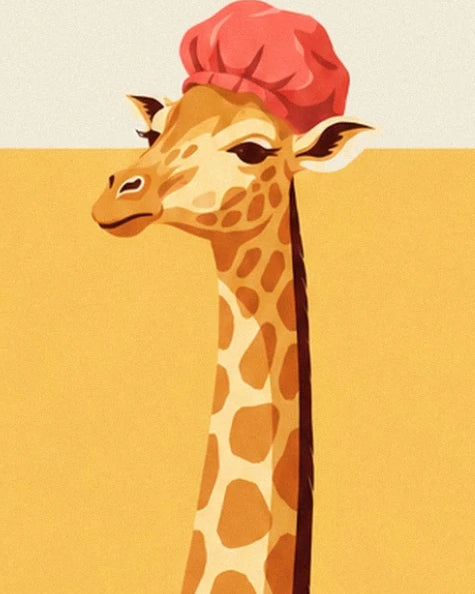 La girafe au long cou tacheté, coiffée d’un bonnet de bain rose