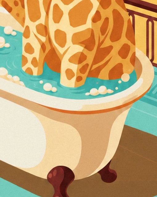 Les pattes tachetées de la girafe dans une baignoire crème, entre eau turquoise et mousse
