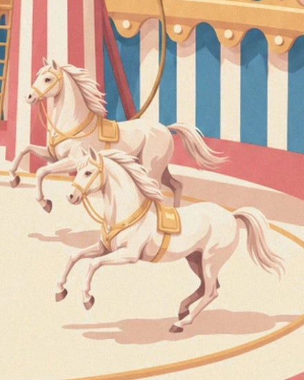 The 2 rearing white horses in golden harnesses in the circus ring