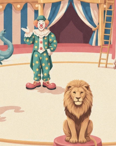 The clown in a green costume with yellow polka dots and the lion sitting on its red stool