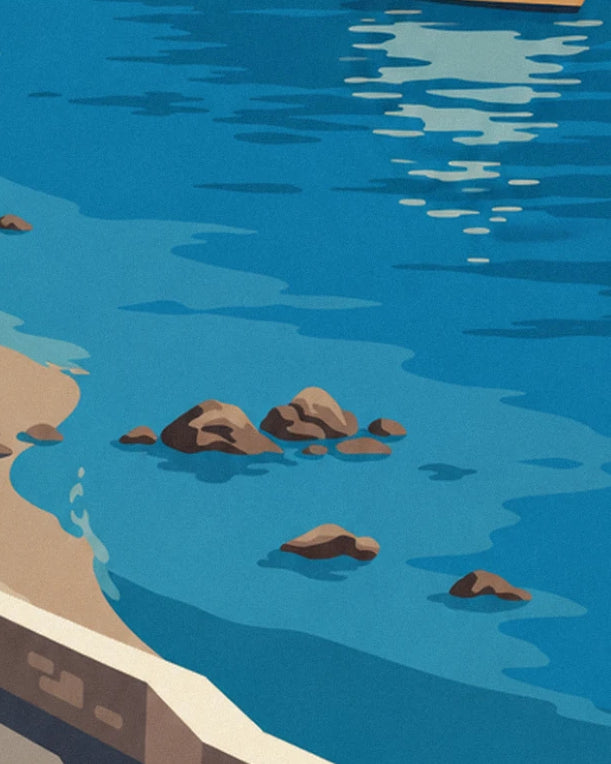 The blue water and its reflections, with 5 brown rocks breaking the surface near the beach