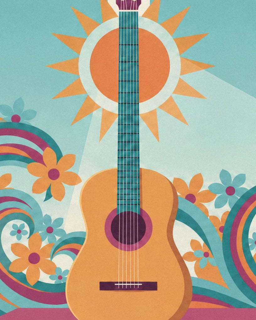 La guitare acoustique devant un soleil orange, entourée de fleurs et de vagues