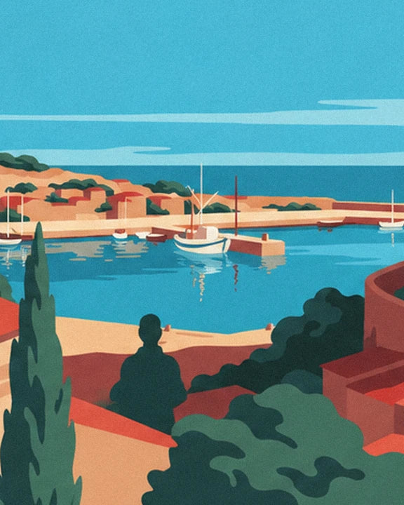 Le port calme et son voilier blanc, vus depuis un cyprès et une silhouette sur les toits