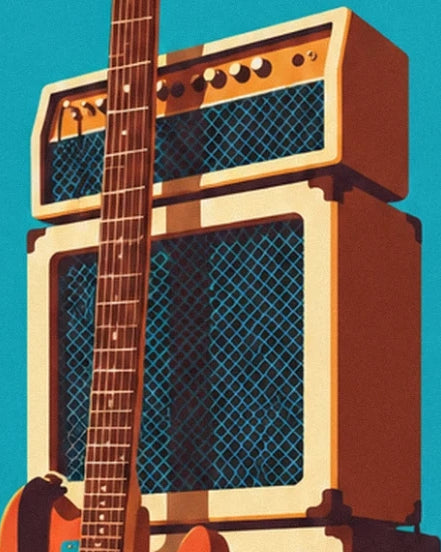 The cream and brown amplifier with a blue grille behind the guitar neck