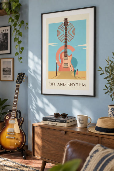 Affiche guitare électrique et formes géométriques : encadrée au mur