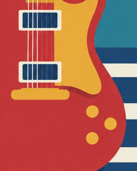 La guitare rouge et jaune, ses 2 micros bleus et ses 3 boutons dorés
