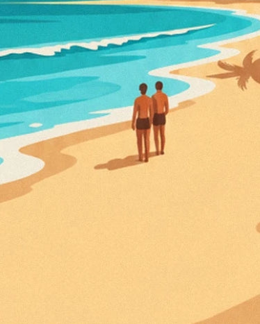The 2 bathers in dark shorts on the golden sand of Waikiki, facing the turquoise waves