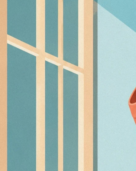 The window with small teal panes and a cream frame, near a terracotta pot