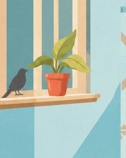 A grey bird and a green plant in an orange pot on the windowsill