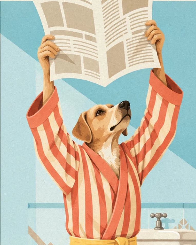 The dog in an orange and cream striped dressing gown, holding an open newspaper at paw's length