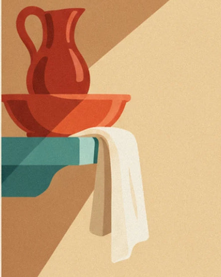 Brick-red jug and washbasin on a turquoise shelf, with a white towel hanging beside them