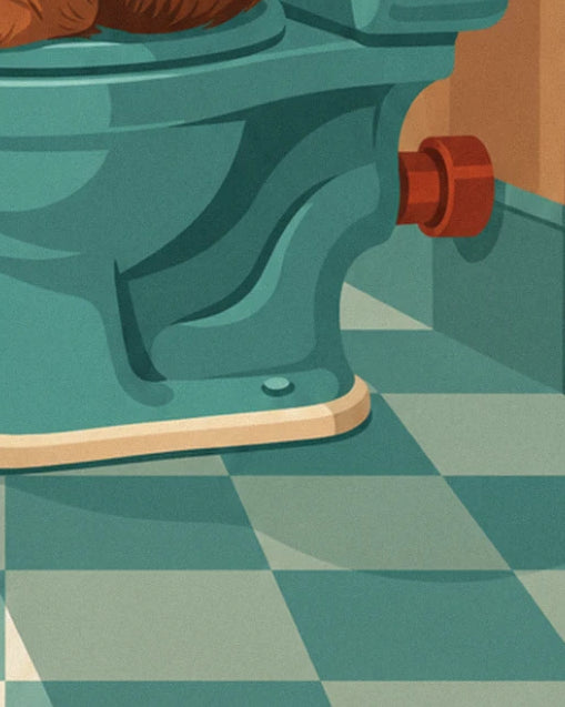 Turquoise toilet bowl, its rust-coloured connector and green chequered tiles