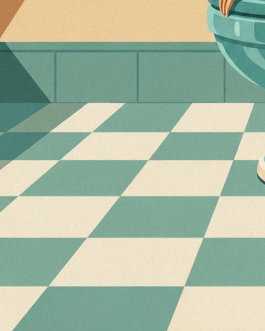 Turquoise and cream chequered tiles, with the base of the toilet bowl at the top right