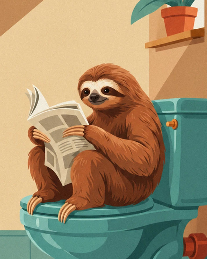 Sloth with reddish-brown fur reading a newspaper on a turquoise toilet, with a potted plant above