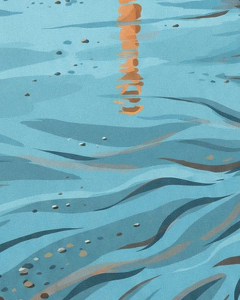 The orange reflection of a post in the turquoise water, among dark ripples and small pebbles