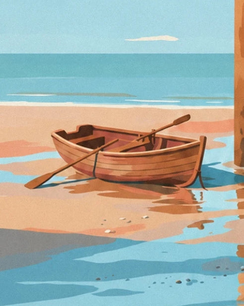 A wooden rowing boat and its oars on the golden sand at the edge of the turquoise water