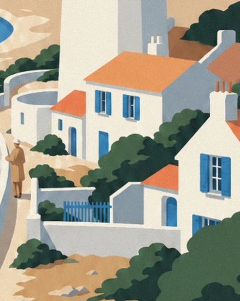 White houses with blue shutters and orange roofs, surrounded by greenery