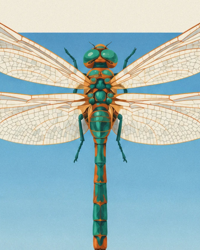 The emerald-green dragonfly with its lace-like wings spread against a blue sky