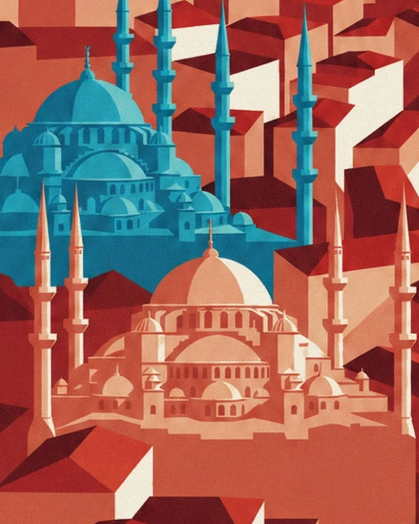 The mosques with cream and turquoise domes among the red rooftops of Istanbul