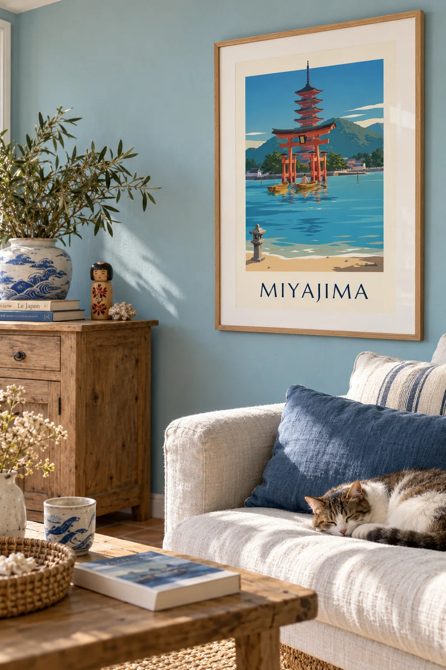 Great torii of Itsukushima and pagoda in Miyajima poster: framed on the wall