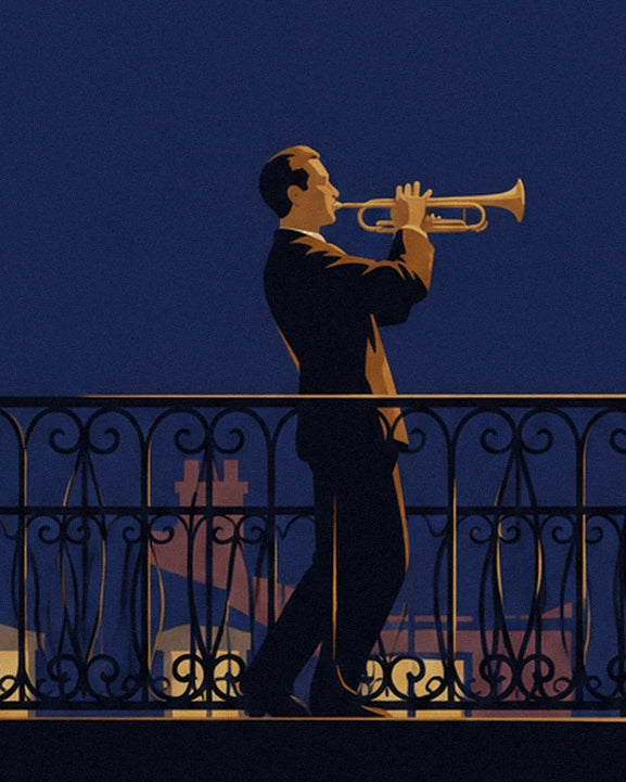 The trumpeter in a dark suit playing on his wrought-iron balcony, beneath the midnight-blue sky