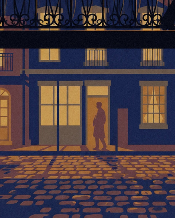 The silhouette of a passer-by in a lit doorway, on the golden cobbles of the street