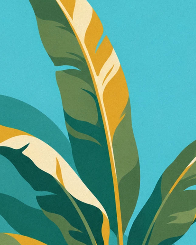 Une grande feuille de bananier vert olive et moutarde dressée sur un ciel turquoise