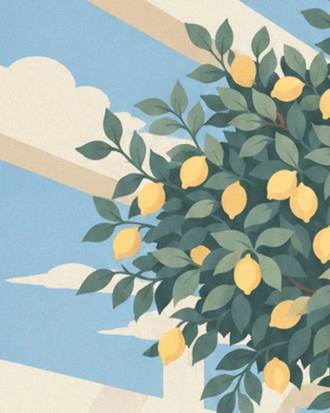 Une branche de citronnier aux citrons jaunes et feuilles vertes, sur fond de ciel bleu et de nuages