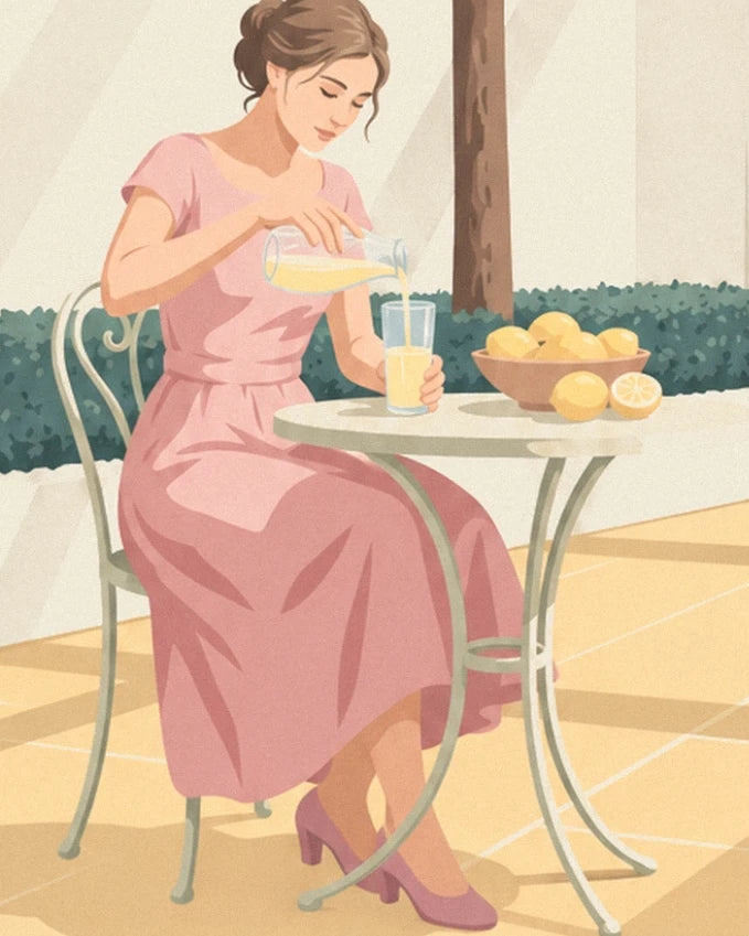 La femme en robe rose verse du jus de citron dans un verre, à sa table de jardin
