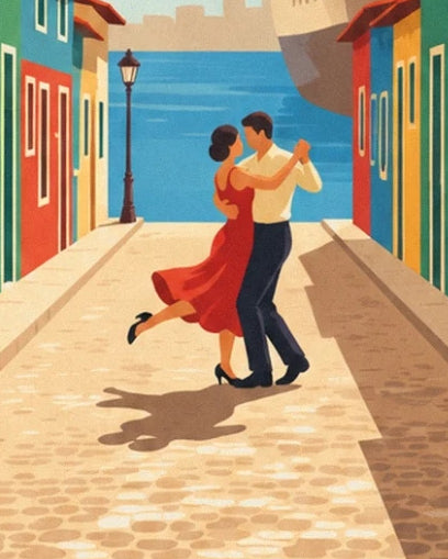 Un couple de tango, robe rouge et chemise claire, dans une rue colorée de La Boca