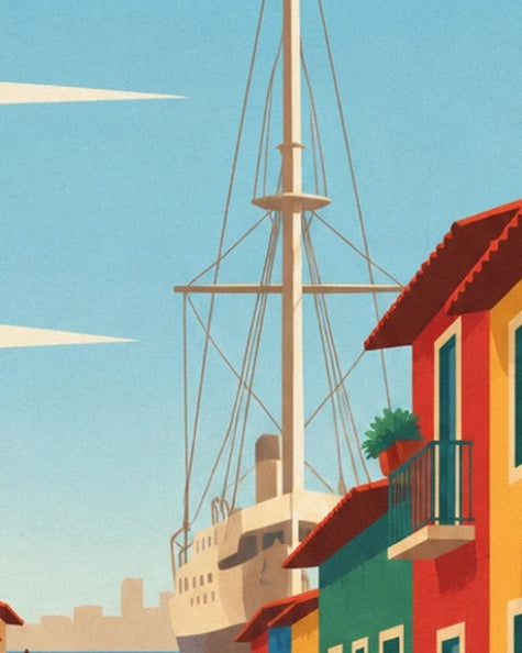 Le mât et les cordages d’un bateau derrière les façades colorées de La Boca