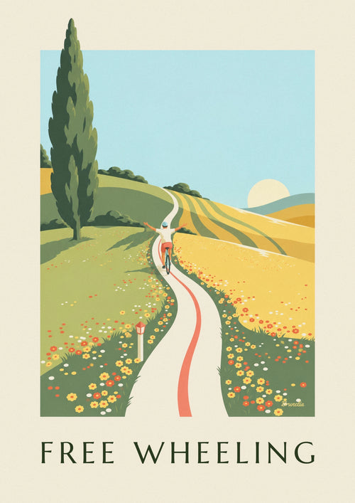 Poster of a cyclist with arms wide open on a road through flowering hills: the full poster