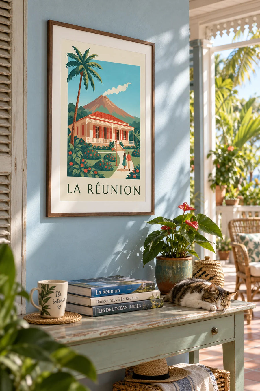 Poster of a Creole house and the Piton de la Fournaise on Réunion Island: framed on the wall