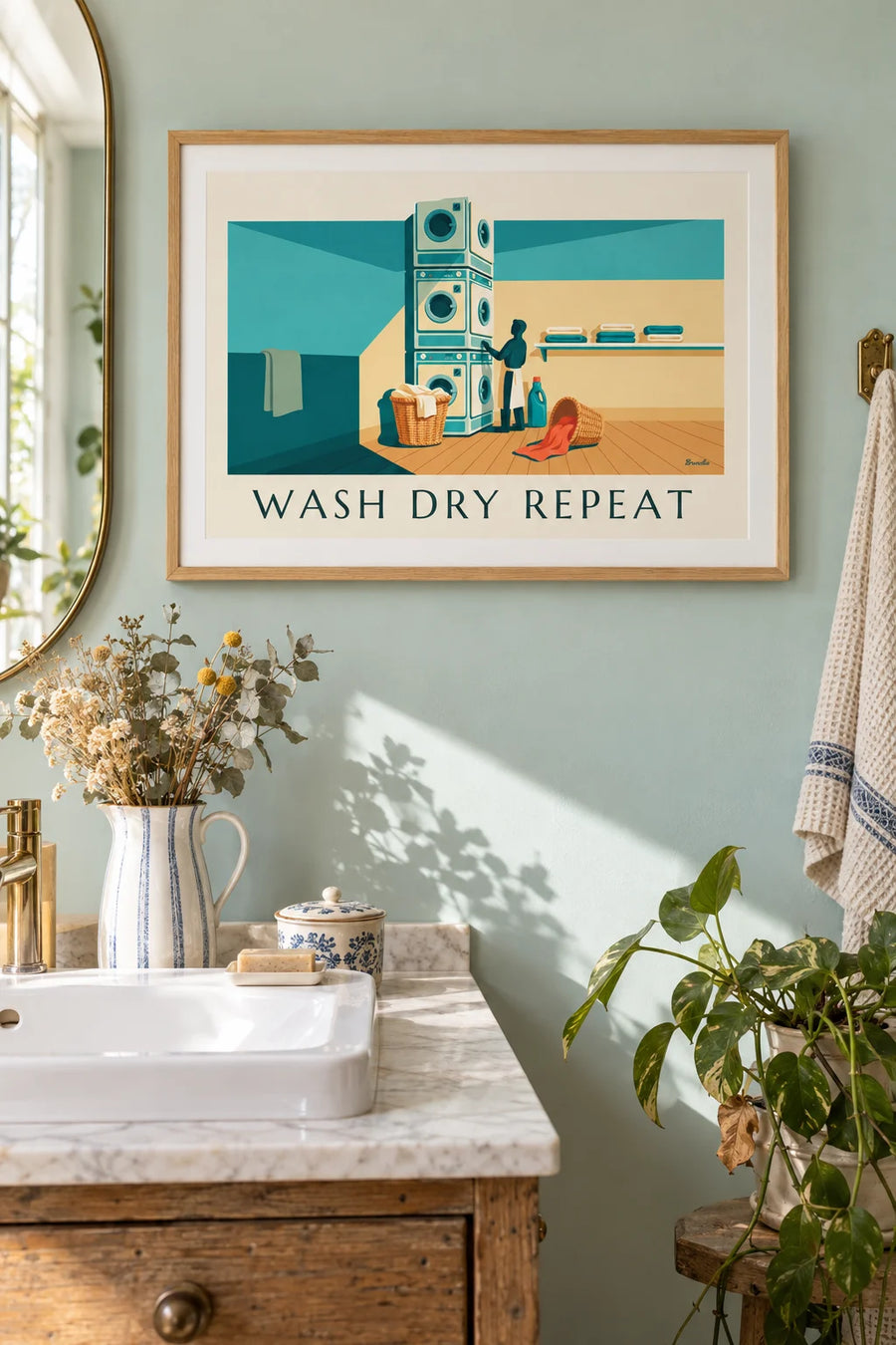 Affiche Laundry Room avec paniers de linge et machines à laver : encadrée au mur