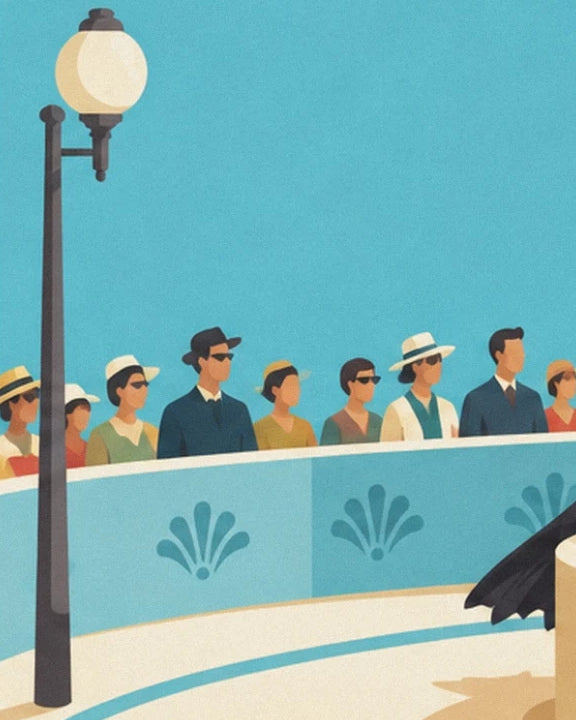 Street lamp with a white globe and spectators in hats and dark glasses behind the balustrade