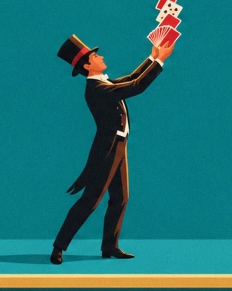 The magician in black tails and a top hat, his hands raised towards his cards