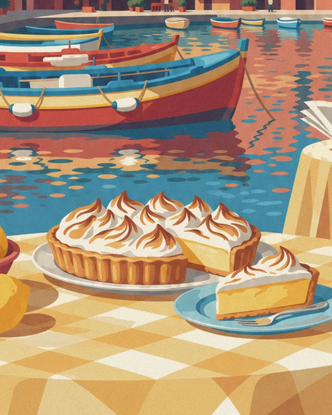 The lemon meringue tart and a served slice, on the checked tablecloth facing the harbour boats
