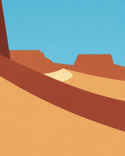 The distant red mesas and the brown shadow stretching across the golden dunes of the ridge