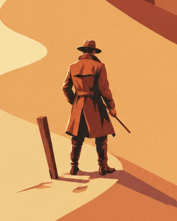 The adventurer seen from behind, in a hat and long brown coat, on the sandy ridge near a stake
