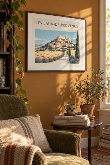 Poster of the village of Les Baux-de-Provence, lavender and cypress trees: framed on the wall